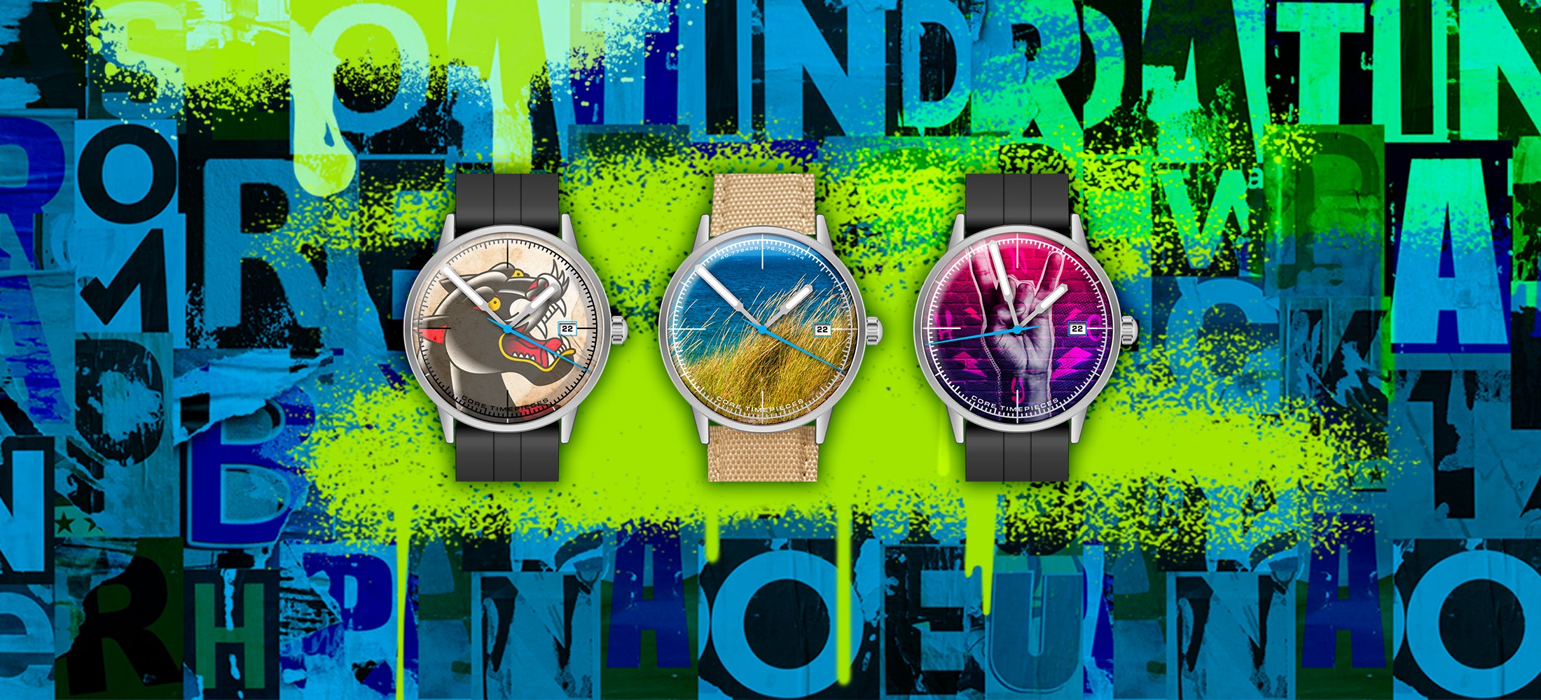 Three watches displayed against a colorful abstract background with text.