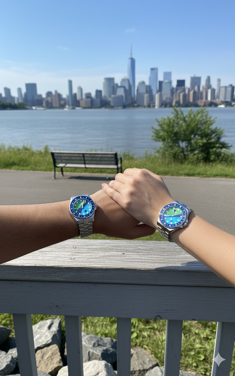Two people holding hands with matching riverkeeper watches against a city skyline.