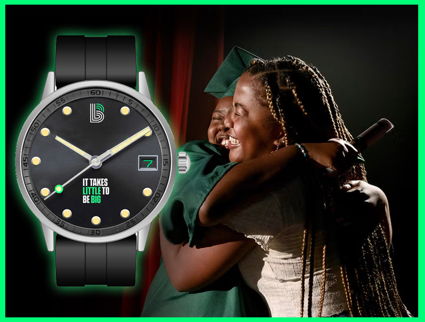 Watch with motivational quote next to a woman in graduation gown hugging another person
