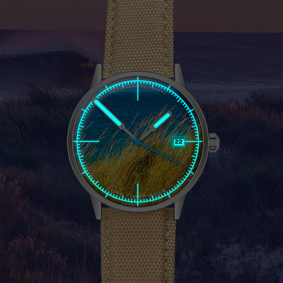quartz watch with beach grass dial
