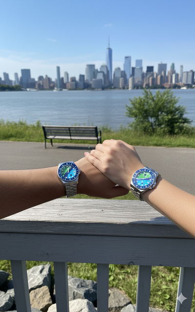 Two people holding hands with matching riverkeeper watches against a city skyline.