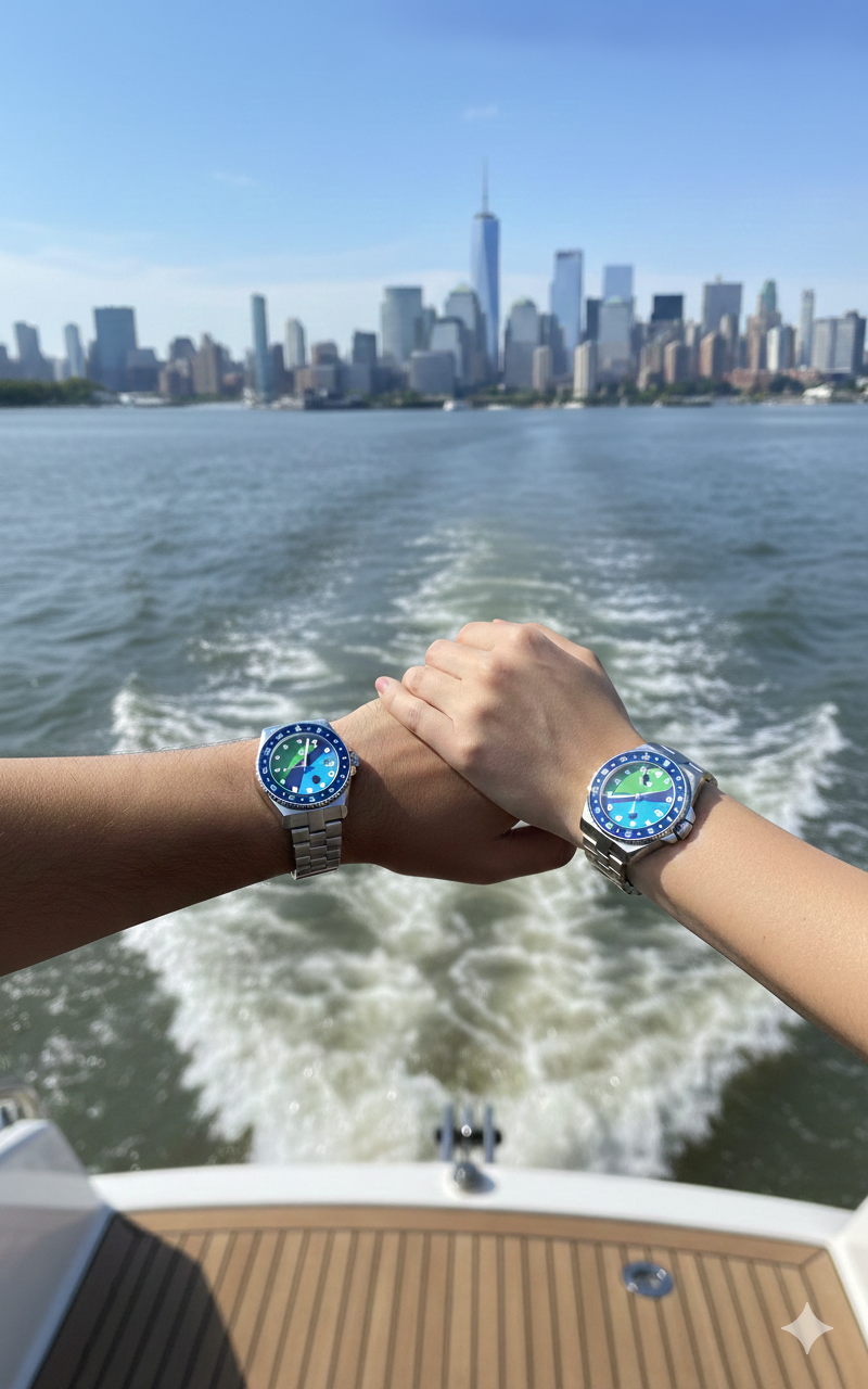 Two people holding hands with Riverkeeper watches on a boat, city skyline in the background