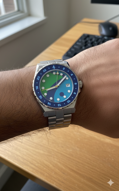 Wrist wearing a Watch with a riverkeeper logo dial design on a white background on a wooden surface.